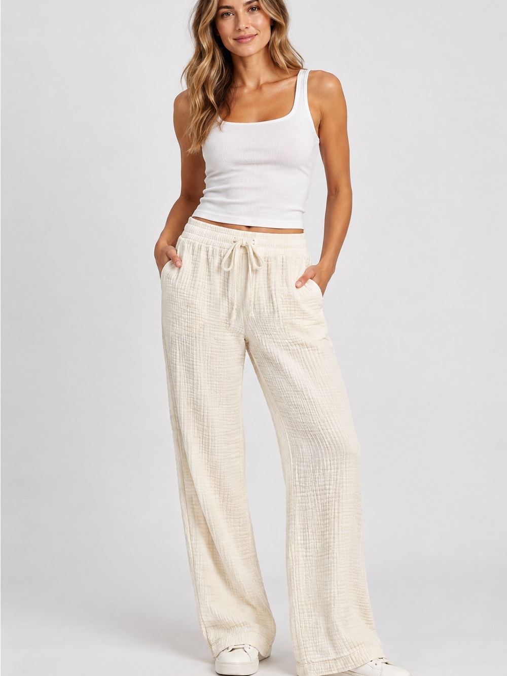 Indigo Cream Wide-Leg Drawstring Pants